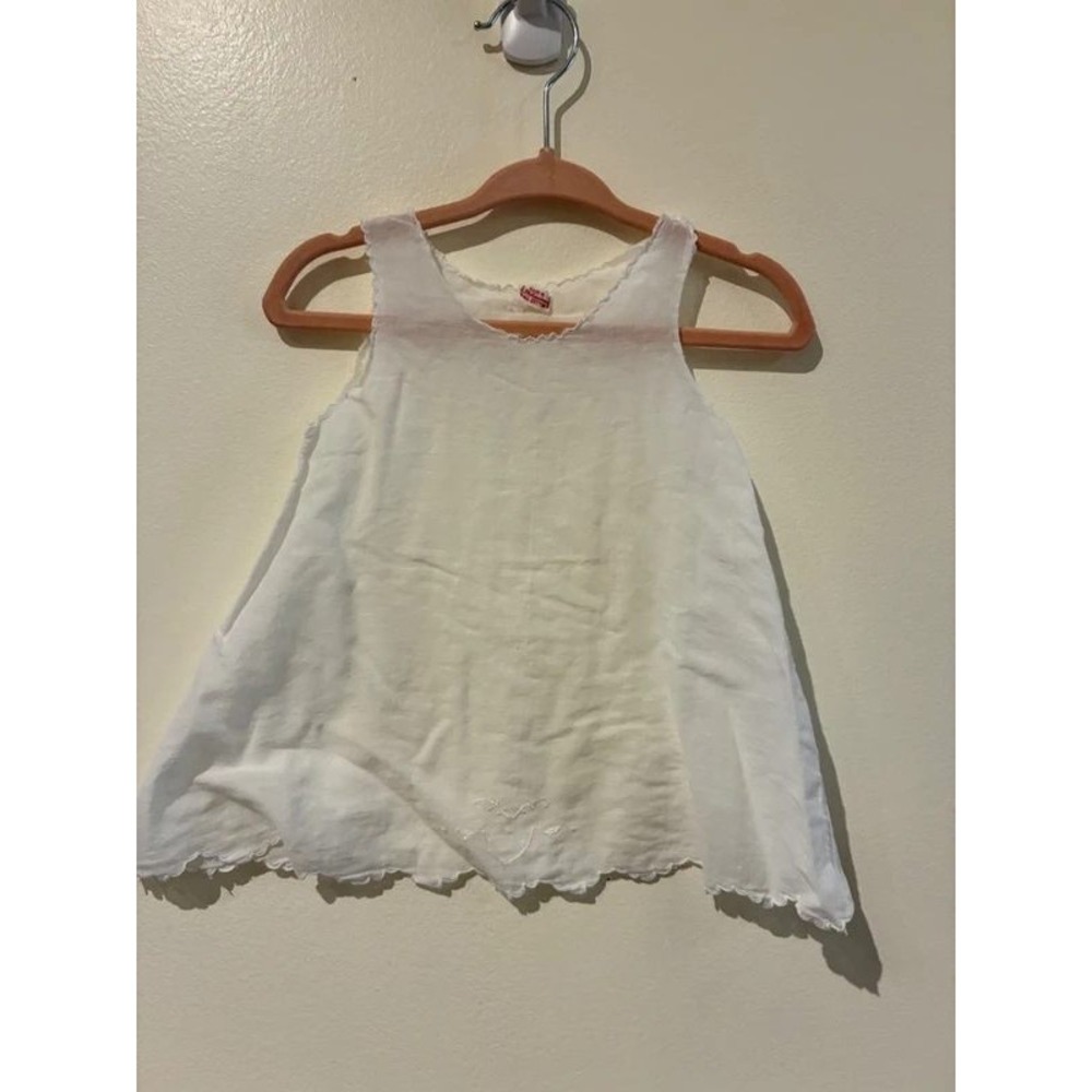 Vintage Handmade White Cotton Baby Dress Hand Embroidered Lace Scalloped Hem